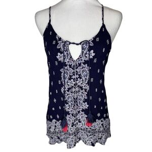 LUQ Rachell Tie Detail Halter Top Tassel Navy Floral Paisley Whites Boho Size Lg